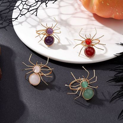 4шт 4 стили натуральные драгоценные камни бисерные кольца для пальцев, паук, с золотой экологичной медной проволокой