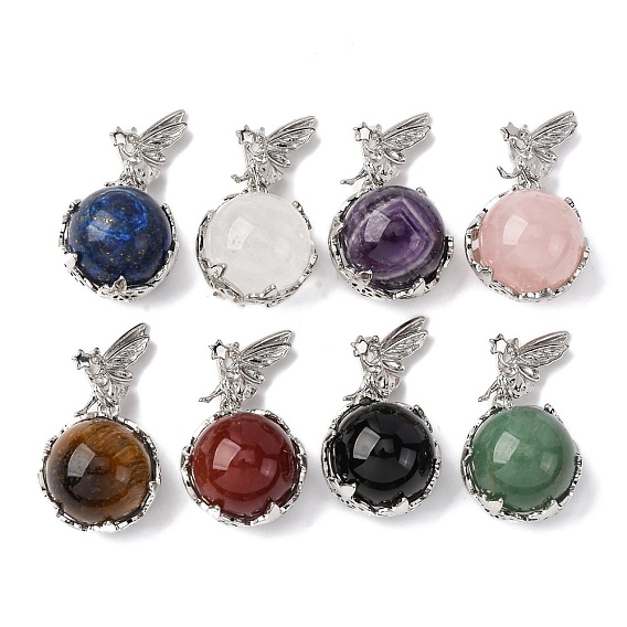 Натуральные драгоценные камни круглые подвески, латунный ангел бабочка обернутый шарик драгоценные камни подвески, платина, стойки покрытие