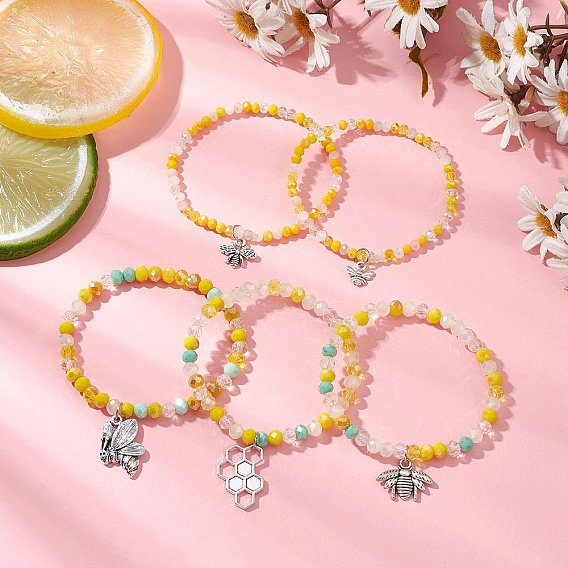 5шт. браслеты с подвесками в виде пчел из сплава, браслеты из граненых стеклянных бусин для женщин