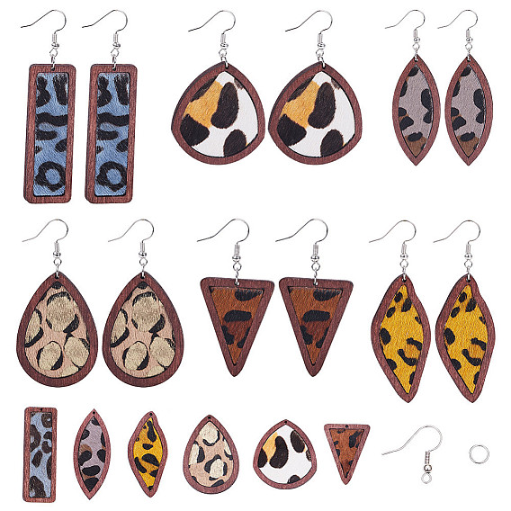 DIY Earring Making, with Cowhide Leather Big Pendants, Brass Earring Hooks and Iron Jump Rings, Leopard Print Pattern