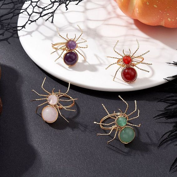 4шт 4 стили натуральные драгоценные камни бисерные кольца для пальцев, паук, с золотой экологичной медной проволокой