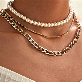 Vintage Pearl Triple Layer Necklace for Women - Chic and Minimalist Lock Collar Chain