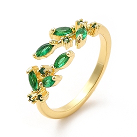 Green Cubic Zirconia Leaf Open Cuff Ring, Brass Jewelry for Women