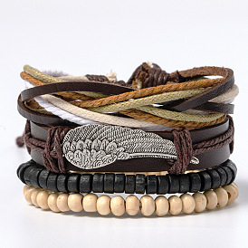 Leather Braided Wing Bracelet for Men with Wooden Beads and European Style Rope