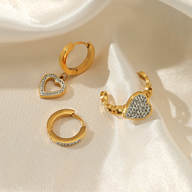 Stainless Steel Earrings Set with Heart-shaped Diamond - Personalized, Versatile, Titanium Steel.