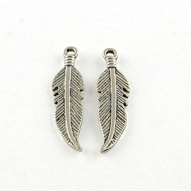 Tibetan Style Alloy Pendants, Feather, Cadmium Free & Lead Free, 25.5x7x1mm, Hole: 1.5mm, about 1388pcs/1000g