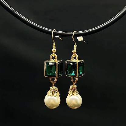 Круглые с кубовидным кубическим цирконием серьги-подвески из латуни, с пластиковой имитационной жемчужиной