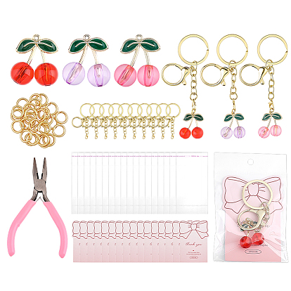 Наборы для изготовления брелоков в виде вишни своими руками, включая застежки из сплава для ключей, бумажные поздравительные открытки, OPP мешки целлофана, латунные кольца прыжок открыт, стальные острогубцы и подвески из эмалированного сплава