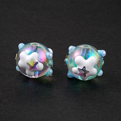 UV Plating Rainbow Iridescent Acrylic Enamel Beads, with ABS Imitation Pearl Beads and Brass & Glass, Bumpy, Round with Star & Flower