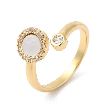 Natural Shell Flat Round Open Cuff Ring with Clear Cubic Zirconia, Brass Jewelry for Women