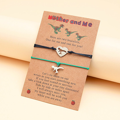 Stylish Stainless Steel Dinosaur Mother-Daughter Handmade Braided Bracelet with Card and Charm