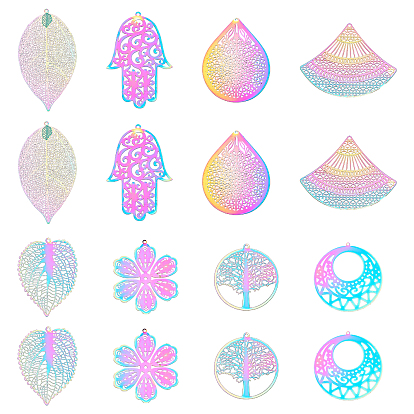 201 Stainless Steel Filigree Pendants, Etched Metal Embellishments, Mixed Shapes