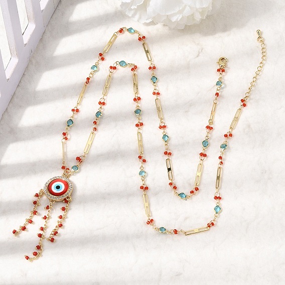 Ожерелье в стиле бохо с многослойными латунными кисточками и красными подвесками в виде «злого глаза» из смолы., ожерелья из стеклянных звеньев ручной работы, стойки покрытие, долговечный, без кадмия и без свинца