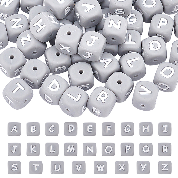 52Pcs 26 Style Silicone Beads, Cube with Letter