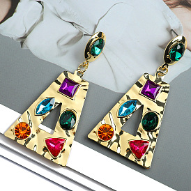 Colorful Crystal Trapezoid Metal Earrings with High-end Fashion Sense