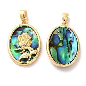 Brass Oval Pendants, Flower Charms with Natural Shell, Real 18K Gold Plated