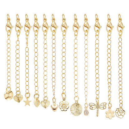 12шт 12 стили латунный удлинитель цепи, с застежками-карабинами и подвесками в виде клешней лобстера.