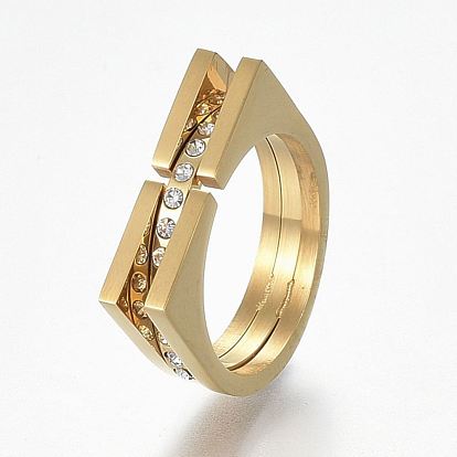 304 Stainless Steel Wide Band Finger Rings, with Rhinestone