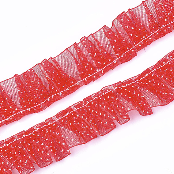 Printed Organza Ribbon, Pleated Double Ruffle Ribbon, Polka Dot Pattern