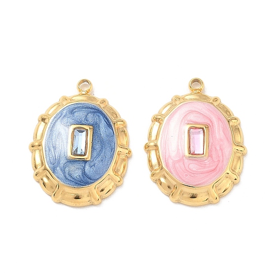 304 Stainless Steel Micro Pave Cubic Zirconia Pendants, with Enamel, Oval Charms