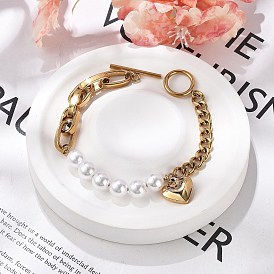 304 Браслеты с подвесками из нержавеющей стали и кубинской цепочки для женщин, сердце, с пластиковыми бусинами из искусственного жемчуга