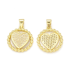 Rack Plating Brass Micro Pave Cubic Zirconia Pendants, Cadmium Free & Lead Free, Long-Lasting Plated, Real 18K Gold Plated, Flat Round with Heart Charm