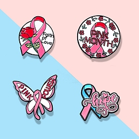 October Breast Cancer Pink Power Awareness Ribbon Brooch, Rose Butterfly Word Black Alloy Enamel Pins, Fashion Badge for Women's Clothes Backpack