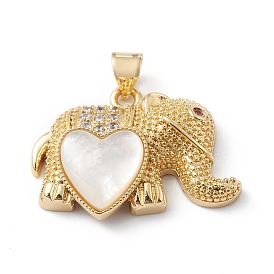 Rack Plating Brass Micro Pave Cubic Zirconia Pendants, with Shell, Long-Lasting Plated, Cadmium Free & Lead Free, Elephant with Heart Charm