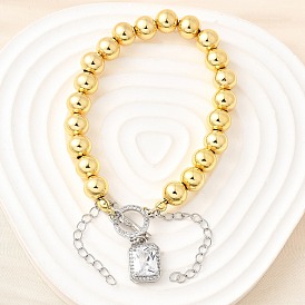 Круглые латунные бусины браслеты с подвесками для женщин, с микро проложить кубического циркония, квадратный шарм, без кадмия и без свинца, стойки покрытие, долговечный