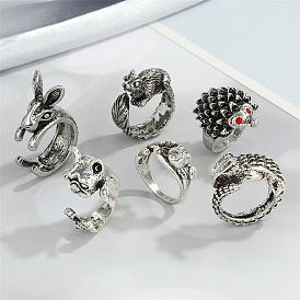 Vintage Punk Animal Open Mouth Ring for Women, Silver Hedgehog Owl Frog Butterfly Cat Ring