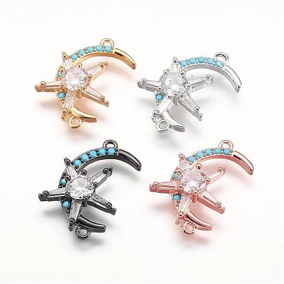 Brass Micro Pave Grade AAA Cubic Zirconia Links, Moon and Star, Cadmium Free & Nickel Free & Lead Free
