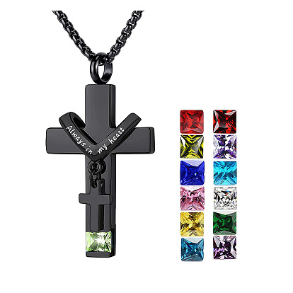 304 Stainless Steel Religion Cross Pendant Memorial Urn Ash Necklaces, Birthstone Necklace, Cable Chain Necklace