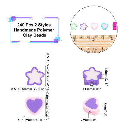 Nbeads 240Pcs 2 Styles Handmade Polymer Clay Beads, Heart & Star
