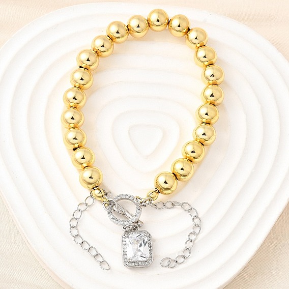 Круглые латунные бусины браслеты с подвесками для женщин, с микро проложить кубического циркония, квадратный шарм, без кадмия и без свинца, стойки покрытие, долговечный