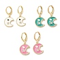 Moon & Star Golden Brass Dangle Leverback Earrings, with Enamel and Cubic Zirconia