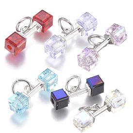 Brass Charms, with Cubic Zirconia and Jump Rings, Dumbbell