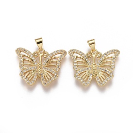 Brass Micro Pave Cubic Zirconia Pendants, Butterfly, Clear