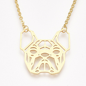 201 Stainless Steel Puppy Pendant Necklaces, with Cable Chains, Filigree Bulldog Head