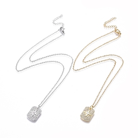 Brass Micro Pave Clear Cubic Zirconia Pendant Necklaces, with 304 Stainless Steel Cable Chains, Rectangle with Star