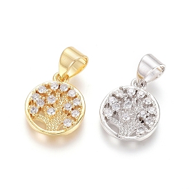 Brass Micro Pave Clear Cubic Zirconia Charms, Flat Round with Tree of Life