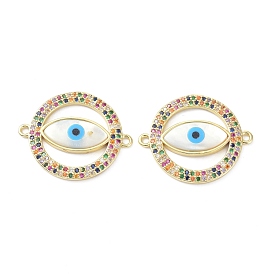 Eco-Friendly Brass Micro Pave Colorful Cubic Zirconia Shell Links Connectors, Long-Lasting Plated, Flat Round with Evil Eye