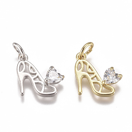 Brass Micro Pave Cubic Zirconia Stilettos Charms, with Jump Ring, Long-Lasting Plated, High-heeled Shoes