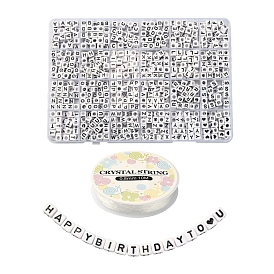 Opaque Acrylic Horizontal Hole Letter Beads, Cube, with Elastic Crystal Thread