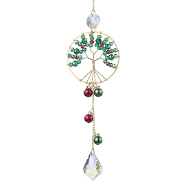 Christmas Glass Beads Wire Wrapped Tree of Life Hanging Ornaments, Leaf Tassel Suncatchers for Garden Outdoor Decorations
