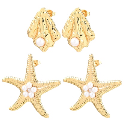 Ocean 304 Stainless Steel Stud Earrings, with Resin Pearl, Golden