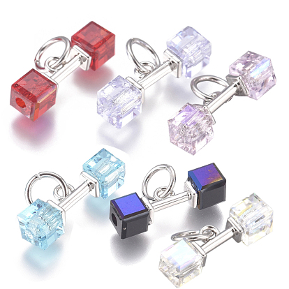 Brass Charms, with Cubic Zirconia and Jump Rings, Dumbbell