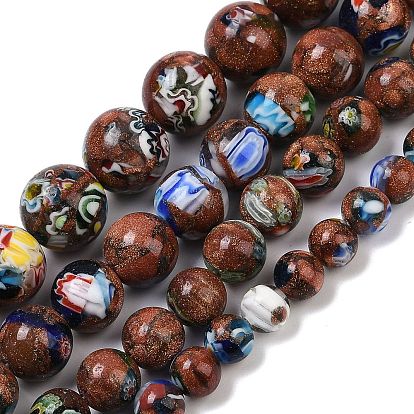 Handmade millefiori lampwork beads strands, круглые, с золотым песком