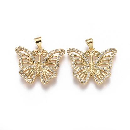 Brass Micro Pave Cubic Zirconia Pendants, Butterfly, Clear