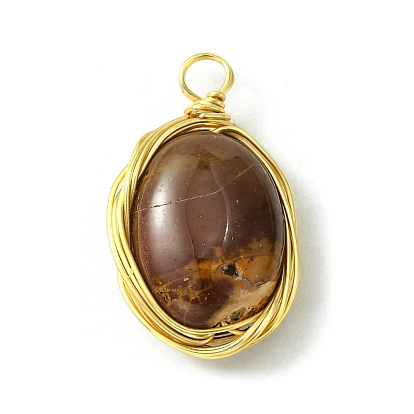 Natural Gemstone Copper Wire Wrapped Pendants, Oval Charms, Light Gold