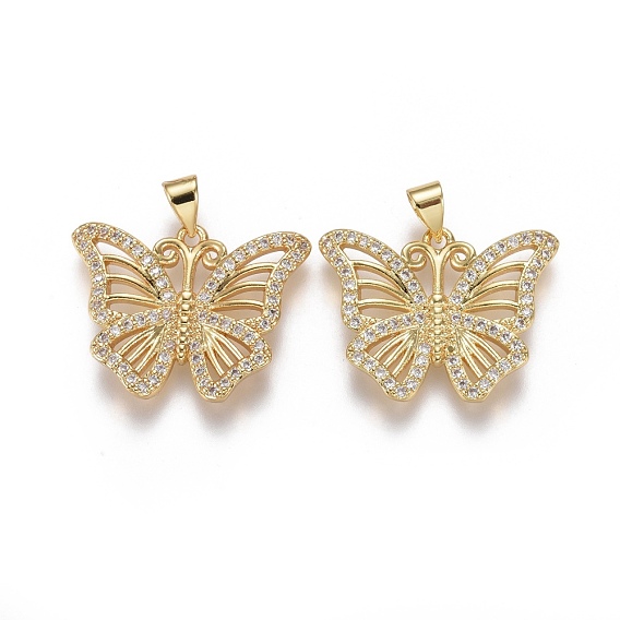 Brass Micro Pave Cubic Zirconia Pendants, Butterfly, Clear